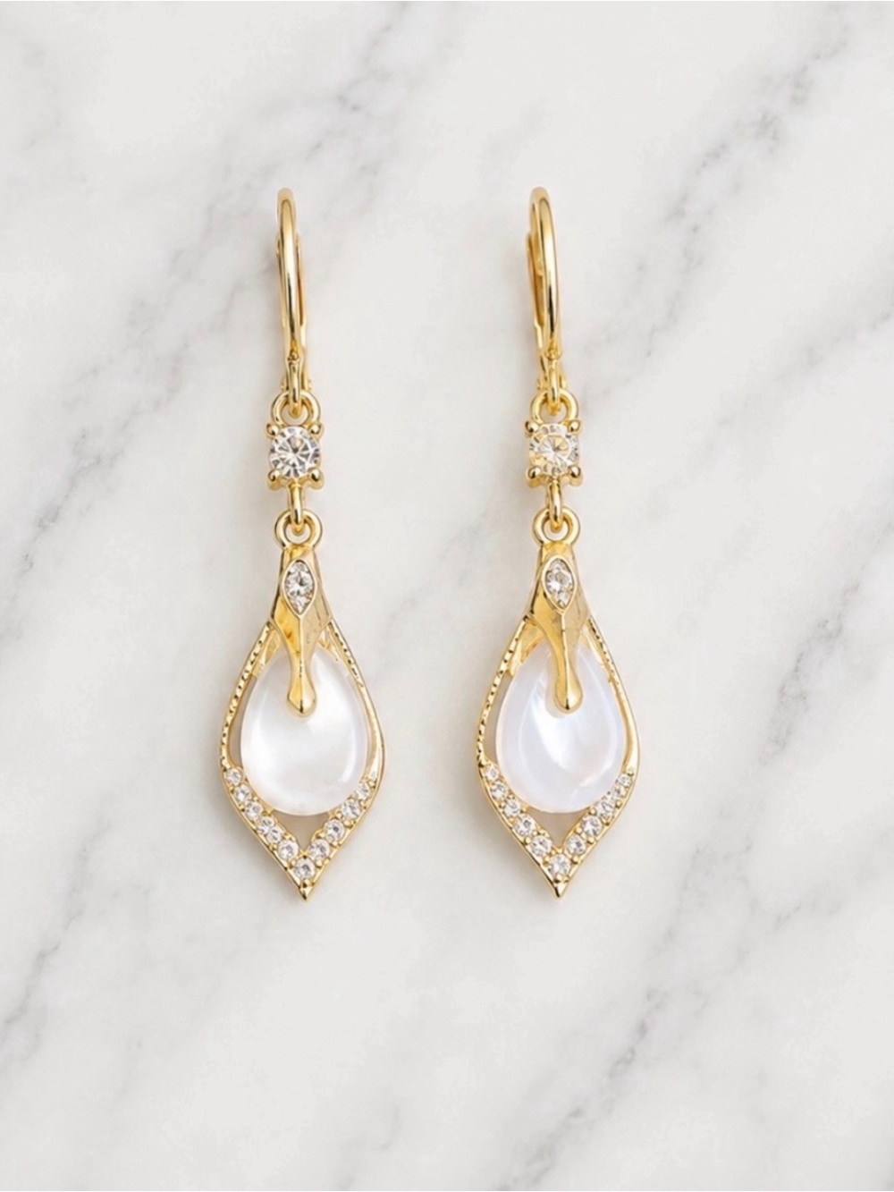 Gold-Tone White Teardrop Dangle Earrings